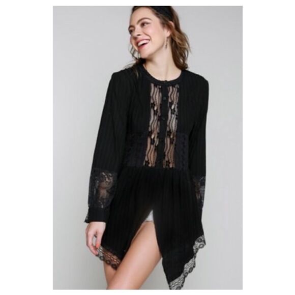 LACE Trim Top W/ China Collar & Shark-bite  Hem - Picture 6 of 10